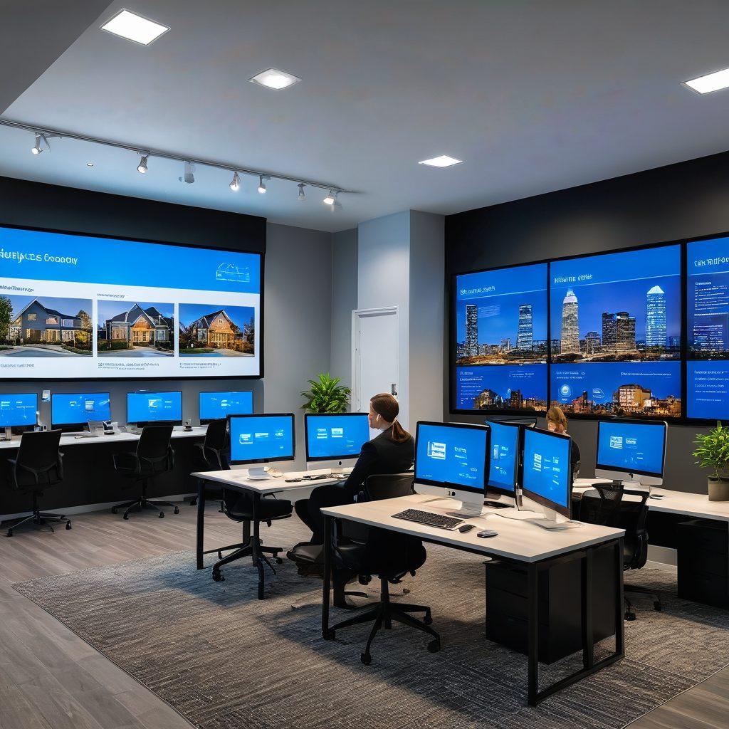 A modern office space showcasing a dynamic realty management team engaged in discussions around digital property listings, interactive screens displaying homes, and charts detailing sales growth. Include elements symbolizing potential and technology, like upward arrows and light bulbs. The atmosphere should feel energetic and collaborative. super-realistic. vibrant colors. 3D.