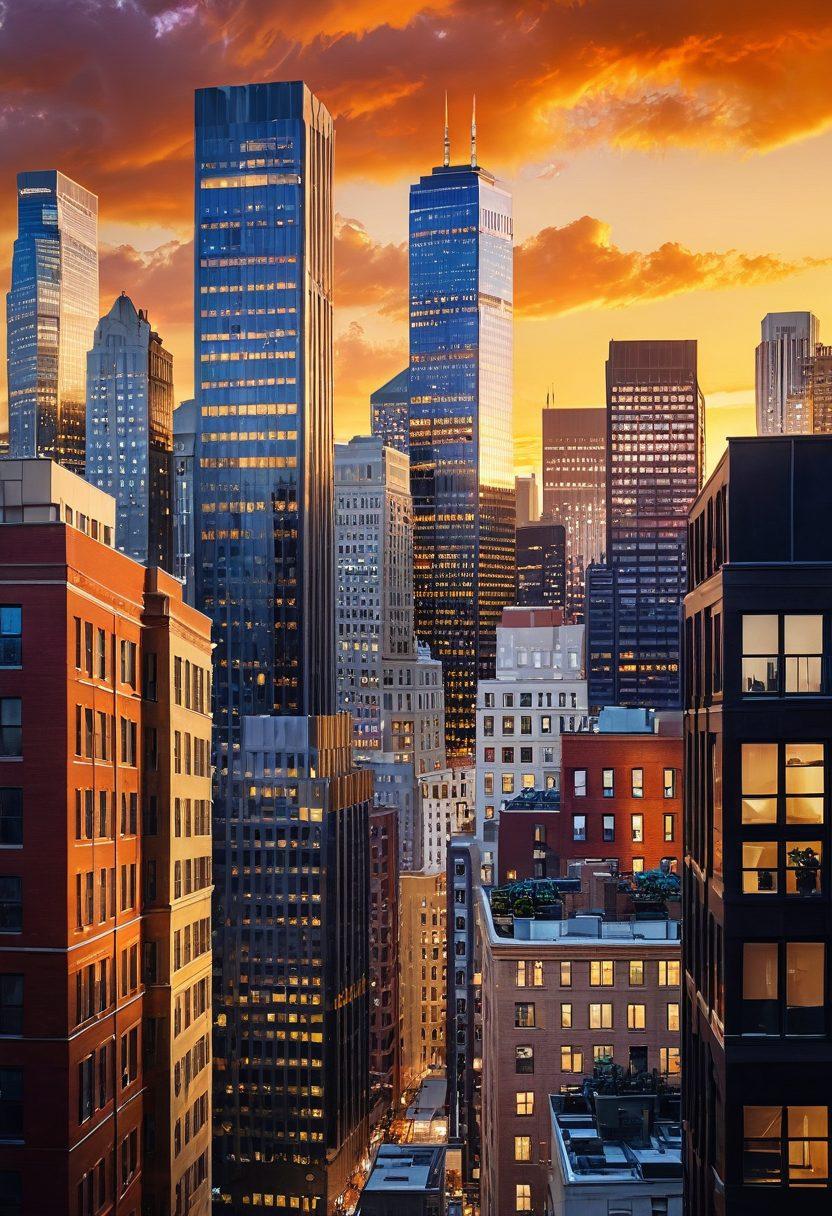 A bustling city skyline at sunset, showcasing diverse real estate buildings including modern skyscrapers and charming townhouses. Overlay subtle graphs and charts illustrating investment growth, with a diverse group of people engaging in discussions about properties. Warm hues of orange and gold in the sky creating an inviting atmosphere. super-realistic. vibrant colors. clean lines.